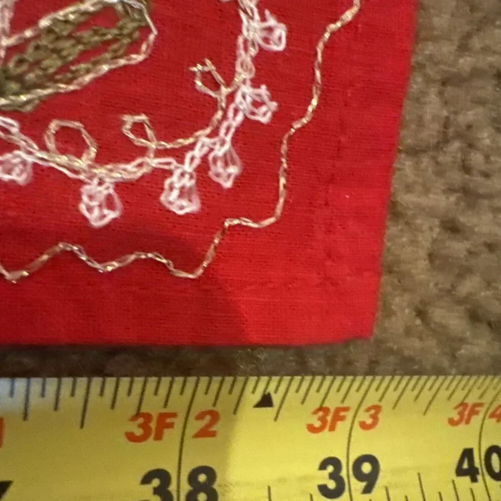 Holiday tablecloth, red gold metallic, 39”X 35”